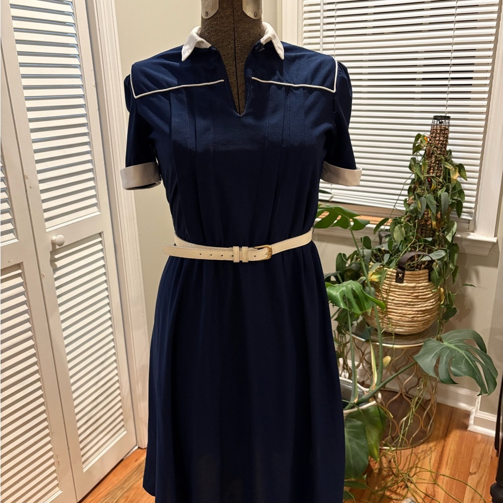 Vintage Navy A-Line Dress with Sailor Collar and Short Sleeves